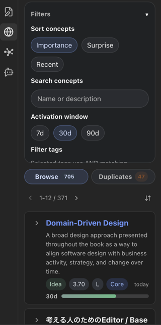 选中第二个 noh 图标的侧栏，显示筛选、Browse、Duplicates 和结果