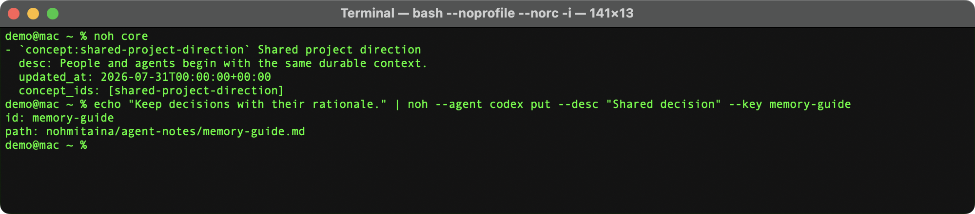 在终端中使用 noh core 读取 Core，并使用 noh put 保存共享决定