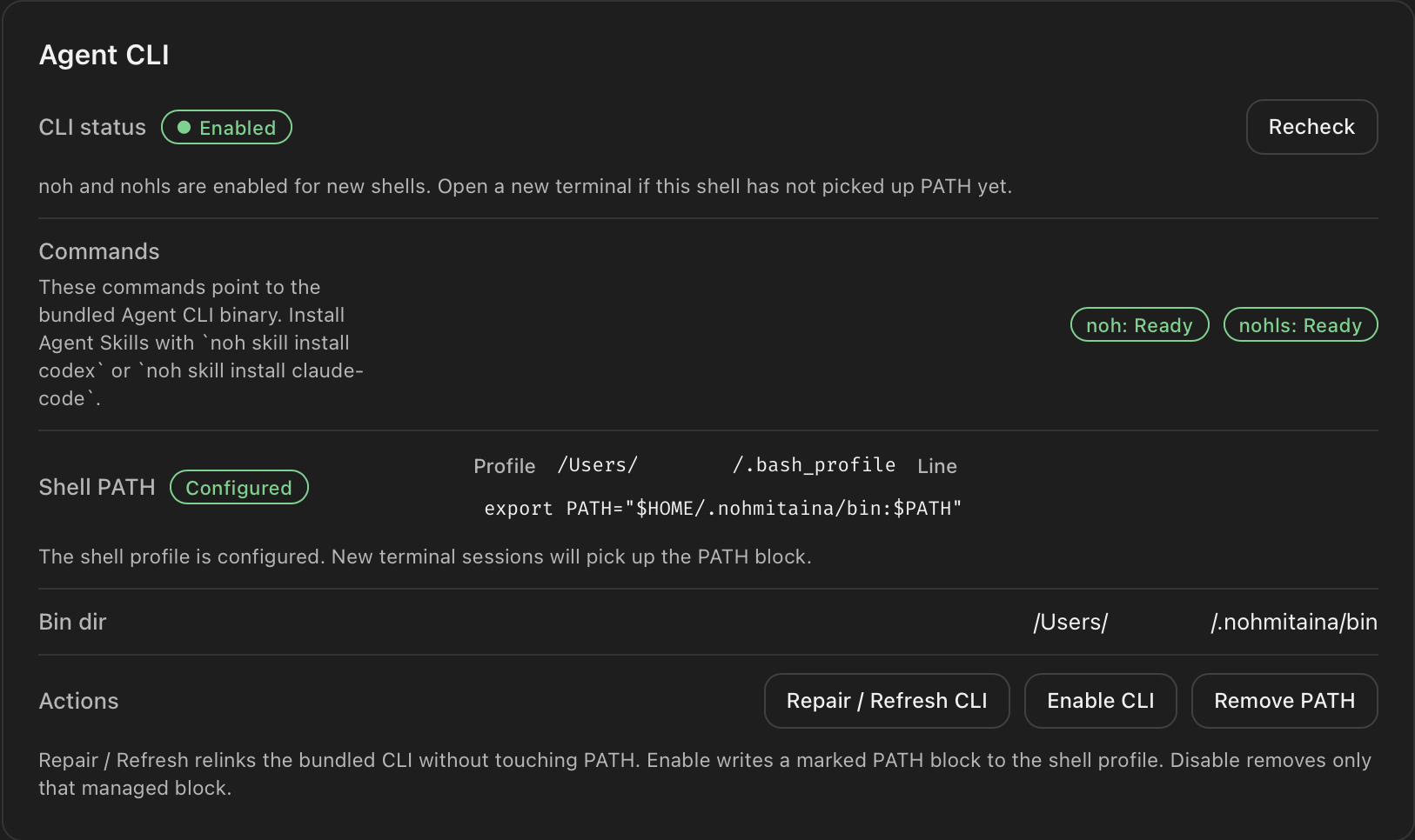 显示 Enabled、可用命令和 PATH 配置的 noh CLI 设置