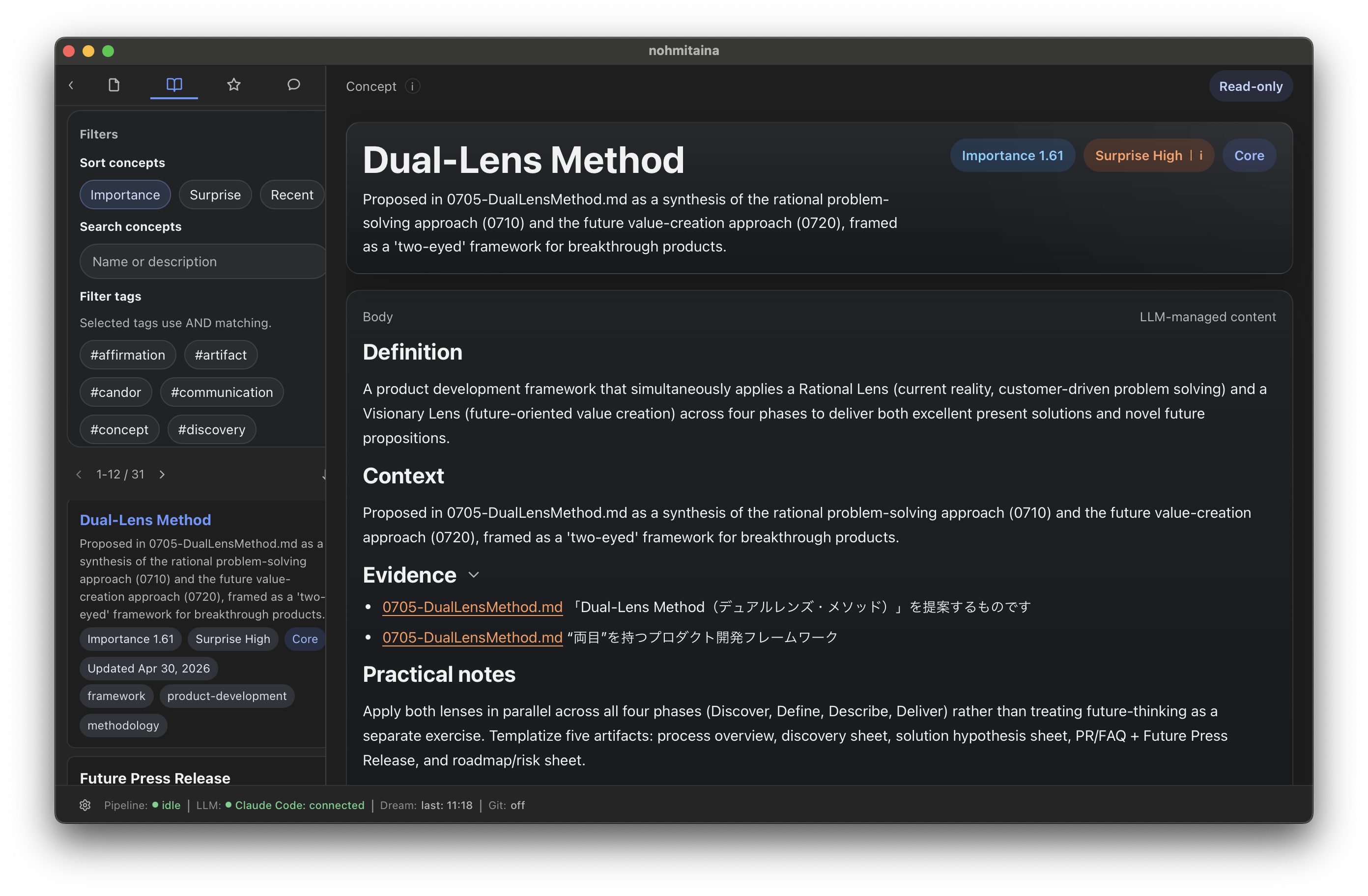 A wiki concept page for the Dual-Lens Method, surfaced into Core after a Dream cycle.